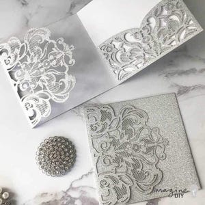 Invito a nozze in stile rococò con tasca pieghevole e glitter argento / Invito a nozze di lusso con tasca / Invito vuoto / Invito a nozze fai da te con glitter