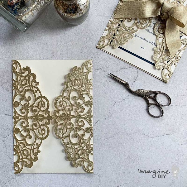 Lavish Glitter Laser Cut Invitation in Champagne Gold | Blank laser cut invitation | DIY wedding invitation in glitter finish