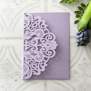 Invito tascabile tagliato al laser Elin in lilla / Invito tagliato al laser di lusso / Invito di nozze vuoto tascabile in lilla / Matrimonio fai da te