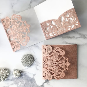 Pocket Fold Rococo Wedding Invitation in Rose Gold Glitter | Luxury Invitation Pocket | DIY Invitation Blank in Rose Gold | Blank Invitation