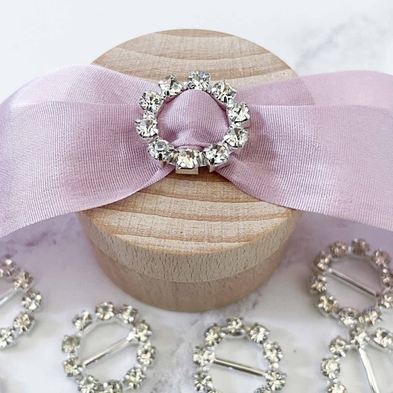 Pack of 10 Small Round Crystal Buckles Circle Diamante Ribbon