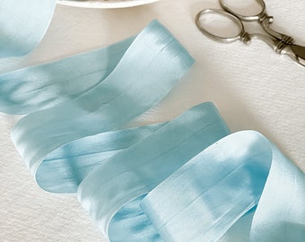 Dusty Pale Blue Silk Ribbon | 1 Meter | Closed Edge Habotai Silk Ribbon sold by the meter | Pale Blue Fine Silk Ribbon