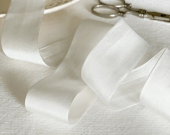 White Silk Ribbon | 1 Meter | Closed Edge Habotai Silk Ribbon sold by the meter | Luxury 100% Silk Ribbon
