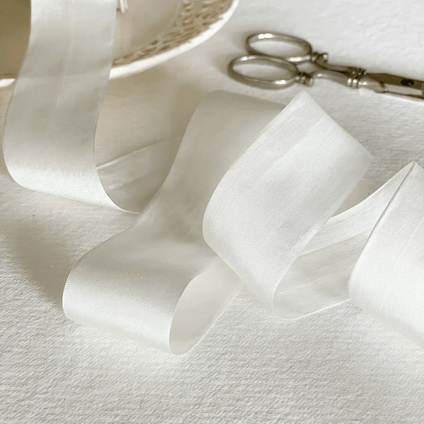 White Silk Ribbon | 1 Meter | Closed Edge Habotai Silk Ribbon sold by the meter | Luxury 100% Silk Ribbon