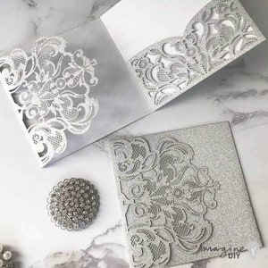 Rococo Laser Cut Pocket Fold Wedding Invitation - Silver Glitter  ImagineDIY