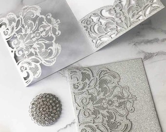 Pocket Fold Rococo Wedding Invitation in Silver Glitter | Luxury Invitation Pocket | Blank Invitation | DIY wedding invitation in glitter