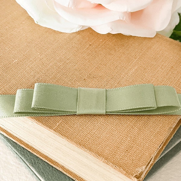 Flat Bow in Spring Moss | Green Satin Ready Made Bows | Decoration for Wedding Invitations, Stationery, Gift Wrap and More