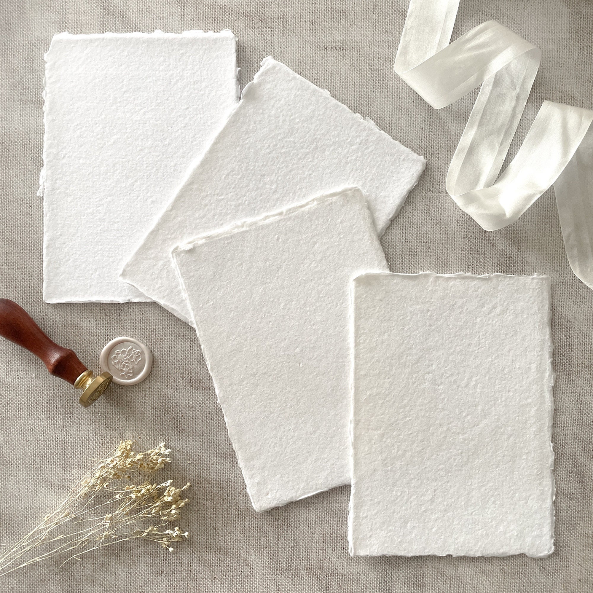 A4 Handmade Paper in Premium White.  PACK OF 5 SHEETS.  Recycled cotton rag paper with deckled edge.  Acid Free.