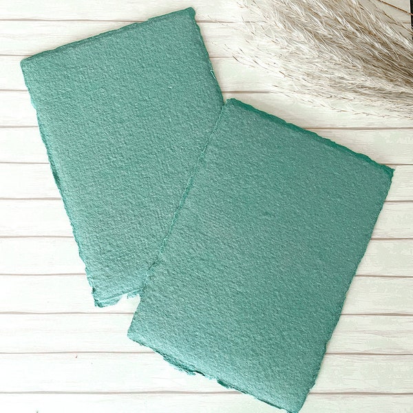 Handmade Paper in Jade Green.  PACK OF 5 SHEETS.  Recycled cotton rag paper with deckled edge.  Acid Free.