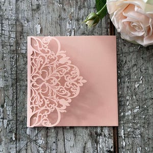 Laser Cut Pocket Fold Invitation | Wisteria Blush Pink | Blank Invitation Pocket Fold with laser cut pattern | DIY Wedding invitation