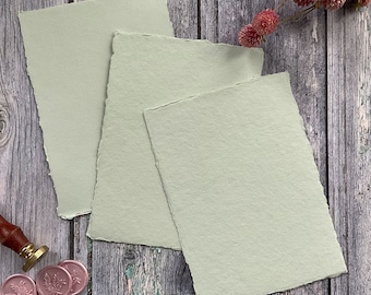 Handmade Card in Light Green.  PACK OF 5 SHEETS.  Recycled cotton rag card with deckled edge.  Acid Free.  300gsm