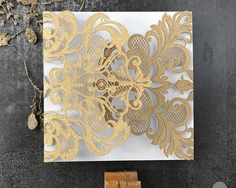 Rococo Glitter Wedding Invitation in Gold - Luxury Blank invitation in gold glitter.  DIY wedding invitation holder
