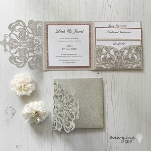 Rococo Laser Cut Pocket Fold Wedding Invitation - Silver Glitter  ImagineDIY