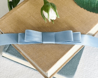 Flat Bow in French Blue | Single or Double Loop Bow in Blue Satin | Bow for Decorating Wedding Invitations, Stationery, Gift Wrap and More