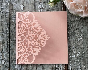 Zaproszenie z kieszonką wycinane laserowo | Wisteria Blush Pink | Puste zaproszenie z kieszonką wycinane laserowo | Zaproszenie ślubne DIY