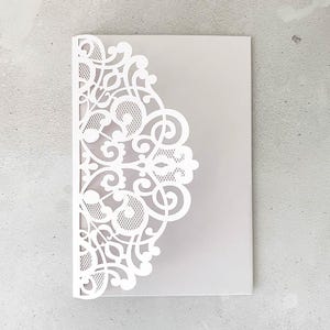 Elin White Invito tagliato al laser vuoto / Invito di nozze fai da te / Invito tascabile in bianco / Invito floreale con tasca