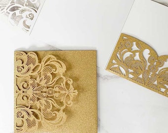 Rococo Laser Cut Pocket Fold Wedding Invitation in Gold Glitter | Luxury DIY Wedding Invitation Pocketfold in Gold | Invitation Blank