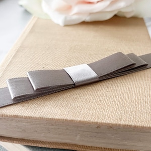 Flat Bow in Metal Grey | Grey Satin Bow With Single or Double Loop | Pre Made Bow to Decorate Wedding Invitations, Stationery, Gift Wrap etc