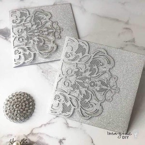Rococo Laser Cut Pocket Fold Wedding Invitation - Silver Glitter  ImagineDIY