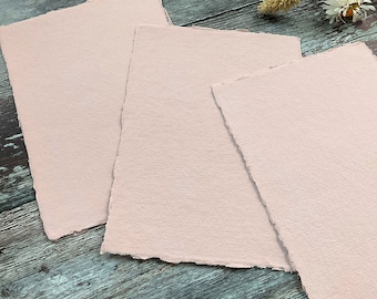 Handmade Paper in Blush.  PACK OF 5 SHEETS.  Recycled cotton rag paper with deckled edge.  Acid Free.