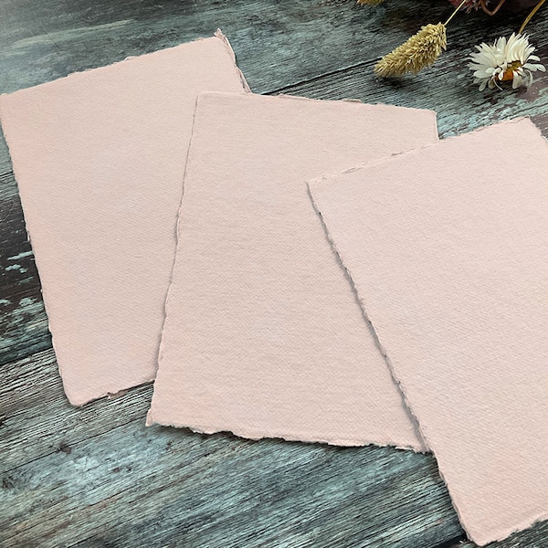 Handmade Paper in Blush.  PACK OF 5 SHEETS.  Recycled cotton rag paper with deckled edge.  Acid Free.