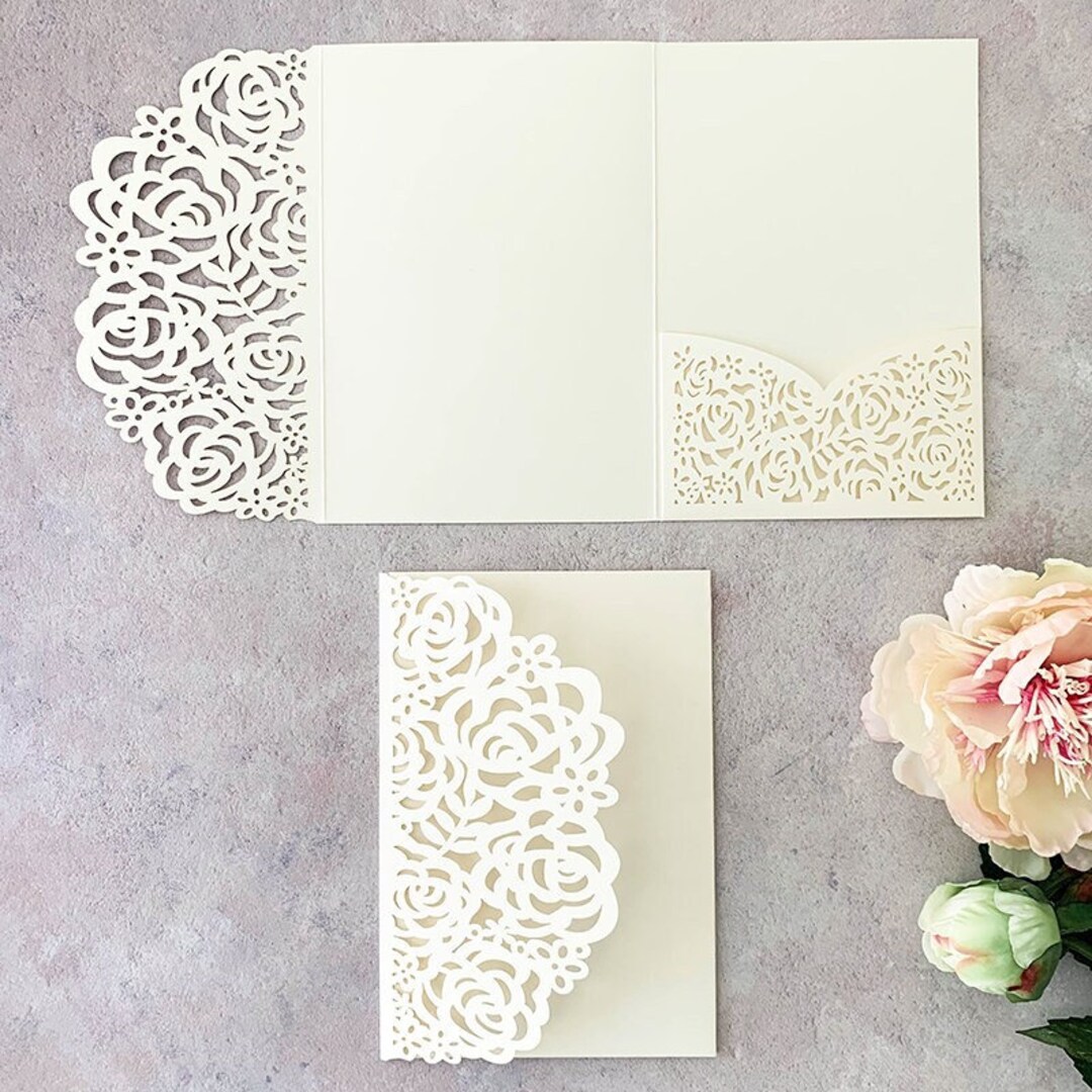Beatrice Laser Cut Pocket Invitation in Pearlised Ivory. Blank - Etsy