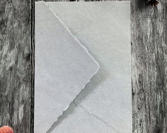 Handmade Paper Envelopes in Light Grey. PACK OF 5. Recycled cotton rag paper envelopes with deckled edge and diamond flap