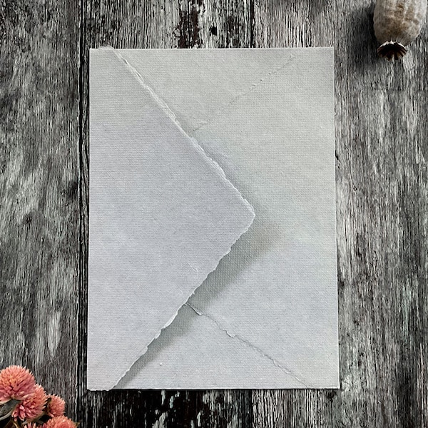 Handmade Paper Envelopes in Light Grey. PACK OF 5. Recycled cotton rag paper envelopes with deckled edge and diamond flap