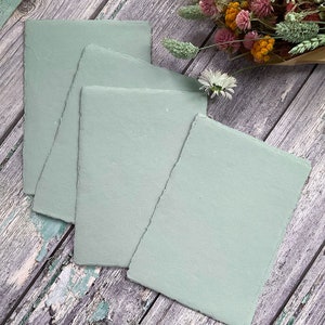 Handmade Card in Dusky Green.  PACK OF 5 SHEETS.  Recycled cotton rag card with deckled edge.  Acid Free.  300gsm