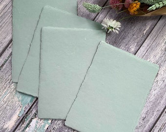 Handmade Card in Dusky Green.  PACK OF 5 SHEETS.  Recycled cotton rag card with deckled edge.  Acid Free.  300gsm