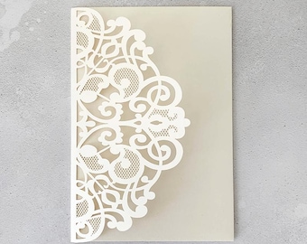 Elin Ivory Laser Cut Invitation Blank | DIY wedding invitation | Pocket Invitation in Ivory | Pretty DIY invitation envelope