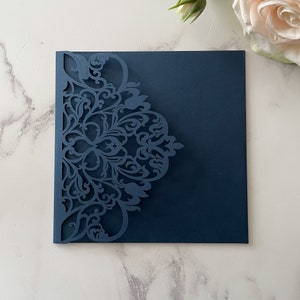 Wisteria Laser Cut Pocket Fold Wedding Invitation in Navy | Blank invitation for DIY wedding | Pretty invitation blank in Navy