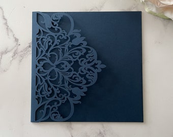 Wisteria Laser Cut Pocket Fold Wedding Invitation in Navy | Blank invitation for DIY wedding | Pretty invitation blank in Navy