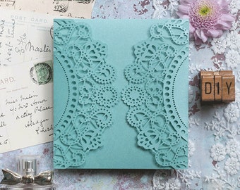 DIY Laser Cut Wedding Invitation Kit in Turquoise Doily design / FREE insert and envelope / Easy to make wedding invitations for summer