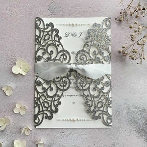 Lavish Glitter Laser Cut Invitation In Silver Silver Glitter Wedding Invitation Blank Luxury DIY wedding invitation image 3