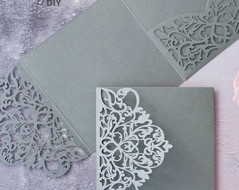 Wisteria Laser Cut Pocket fold Wedding Invitation in Grey | Luxury Invitation Blank | DIY Wedding Invitation | Pocket Invitation