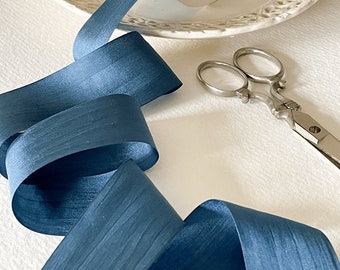 Navy Silk Ribbon | 1 Meter | Closed Edge Habotai Silk Ribbon sold by the meter | French Navy | Fine Silk Ribbon