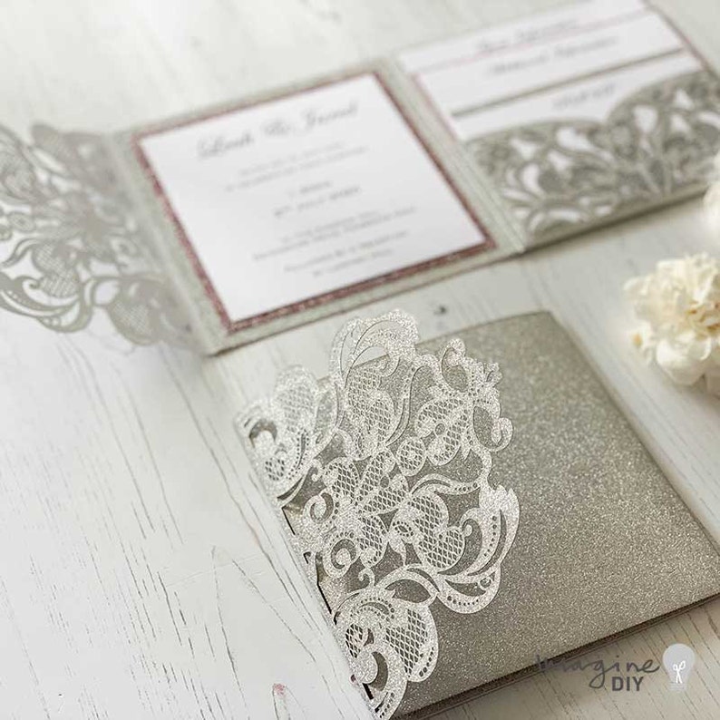 Rococo Laser Cut Pocket Fold Wedding Invitation - Silver Glitter  ImagineDIY