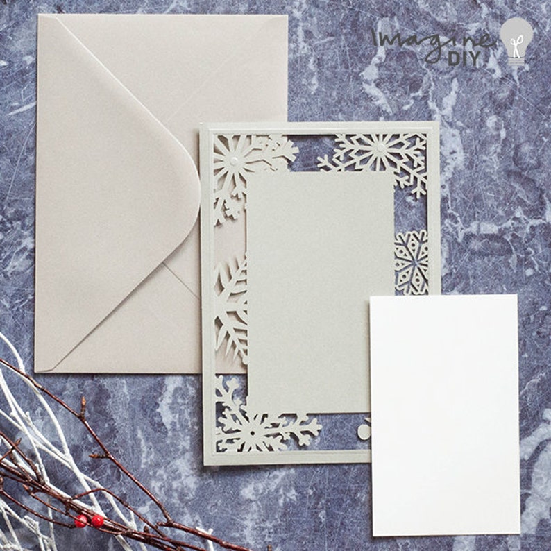 Snowflake Wedding Invitation Silver with Insert Blank invitation with snowflakes DIY winter invitation with laser cut details image 3