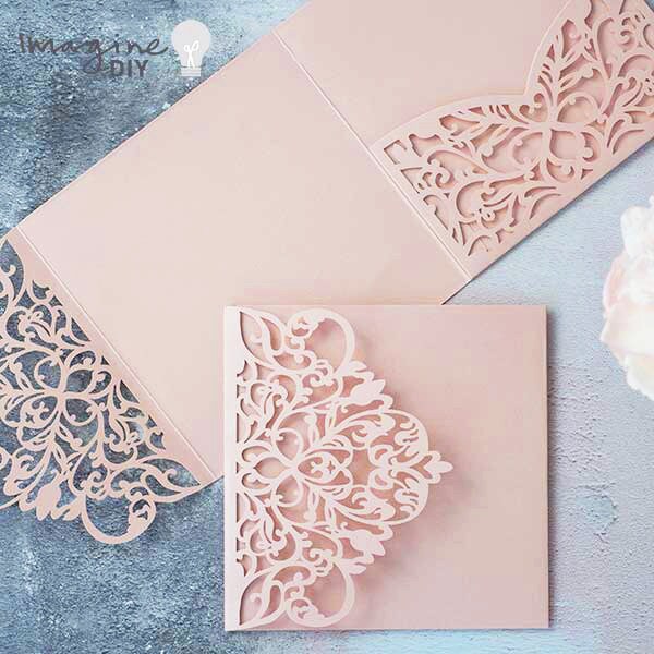 Laser Cut Pocket Fold Invitation Wisteria Blush Pink Blank