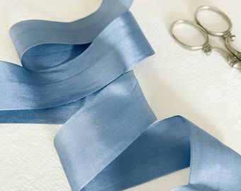 Airforce Blue Silk Ribbon | 1 Meter | Closed Edge Habotai Silk Ribbon sold by the meter | Dusky Blue Fine Silk Ribbon