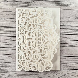 Amelie Laser Cut Pocket Invitation in Ivory / DIY wedding invitation with laser cut details.  Luxury blank invitation pocket fold