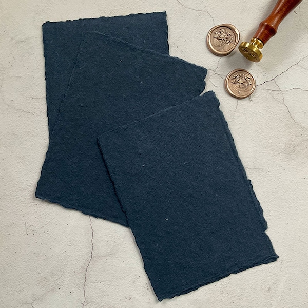 Handmade Paper in Navy.  PACK OF 5 SHEETS.  Recycled cotton rag paper with deckled edge.  Acid Free.