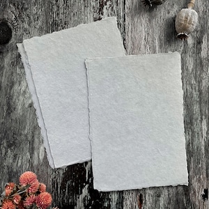 Handmade Paper in Light Grey.  PACK OF 5 SHEETS.  Recycled cotton rag paper with deckled edge.  Acid Free.