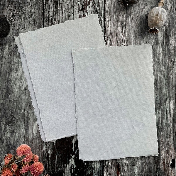 Handmade Paper in Light Grey.  PACK OF 5 SHEETS.  Recycled cotton rag paper with deckled edge.  Acid Free.