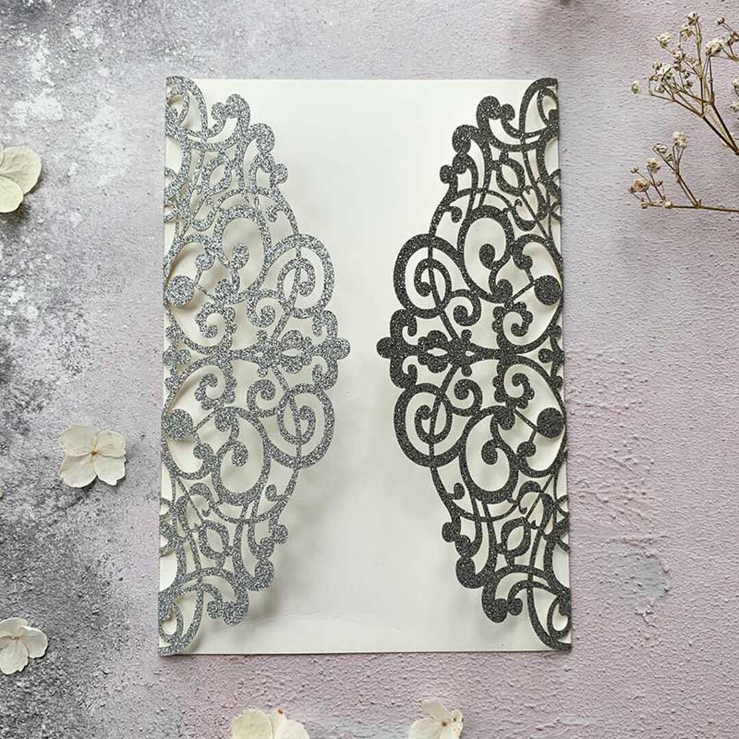 Lavish Glitter Laser Cut Invitation in Silver Silver Glitter Wedding