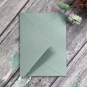 Handmade Paper Envelopes in Dusty Green. PACK OF 5. Recycled cotton rag paper envelopes with deckled edge and diamond flap