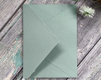 Handmade Paper Envelopes in Dusty Green. PACK OF 5. Recycled cotton rag paper envelopes with deckled edge and diamond flap