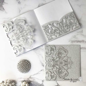 Rococo Laser Cut Pocket Fold Wedding Invitation - Silver Glitter  ImagineDIY