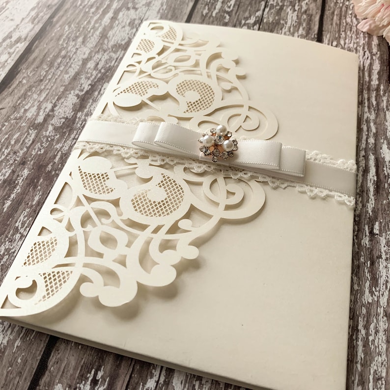 Elin Ivory Laser Cut Invitation Blank DIY wedding invitation Pocket Invitation in Ivory Pretty DIY invitation envelope image 4